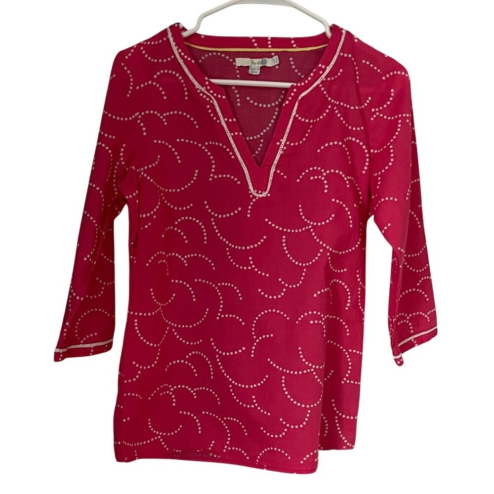 Boden Pink Linen Dotted Swirl Split V-Neck Tunic‎ Top US 4 UK 8